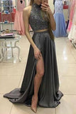 Two Pieces Beaded Gray Front Split Long Modest Prom Dresses Sparkly Prom Dresses