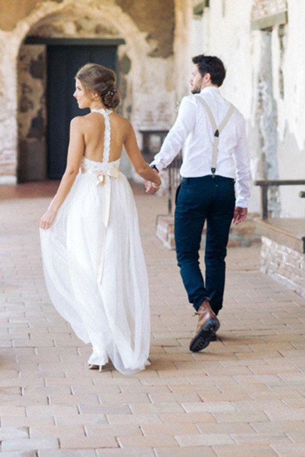 Simple Jewel Chiffon Lace Top Wedding Dress Lace Tulle Beach Wedding Dress with belt