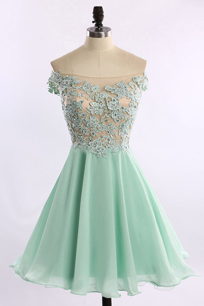 Short Chiffon Tulle Appliques Lace Beads Cute Off the Shoulder Green Homecoming Dresses