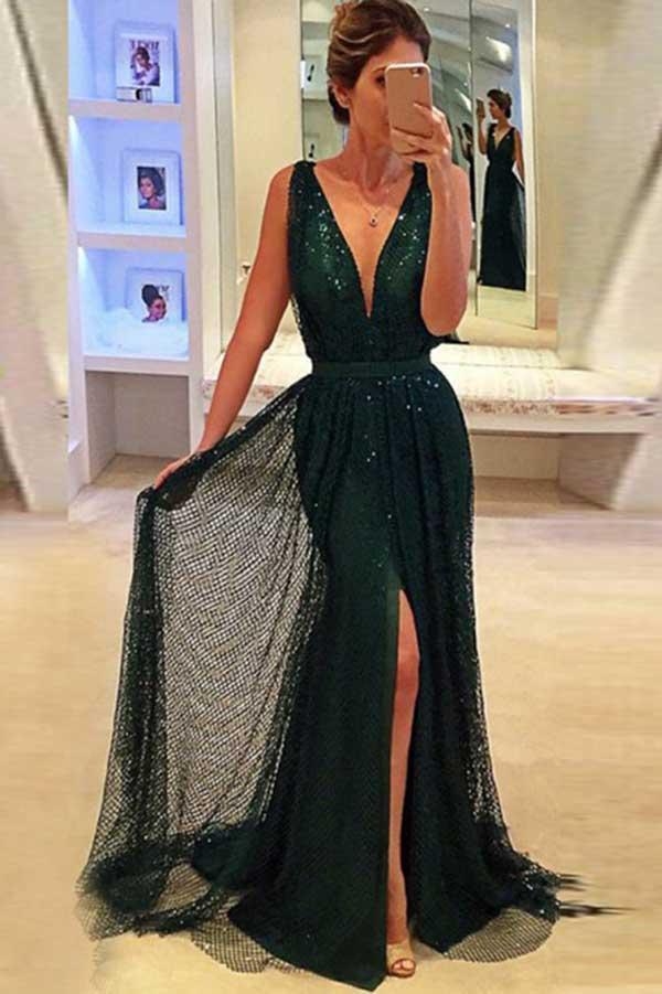 Sheath Deep V-Neck Sweep Train Dark Green Lace Sleeveless Prom Dress with Split Sequins